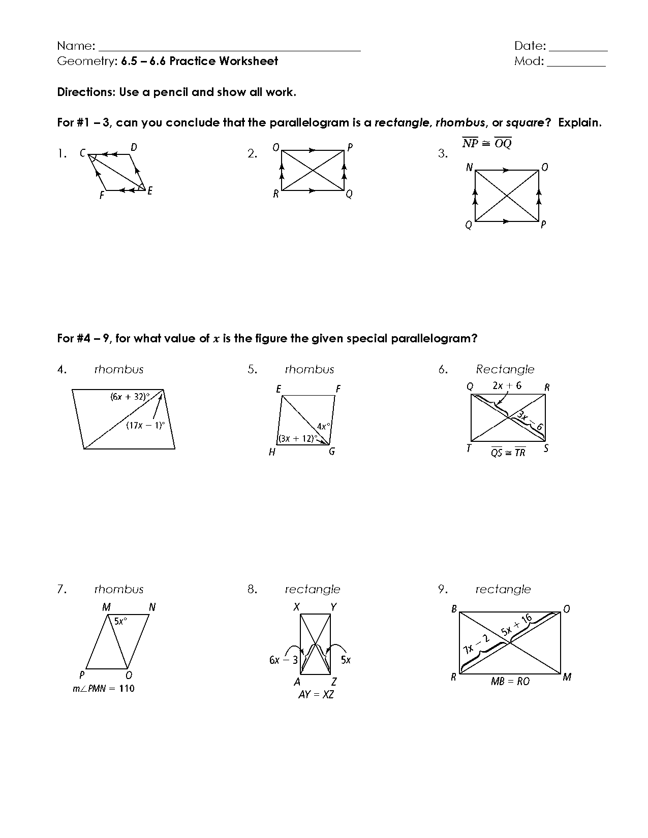 special parallelograms practice worksheet